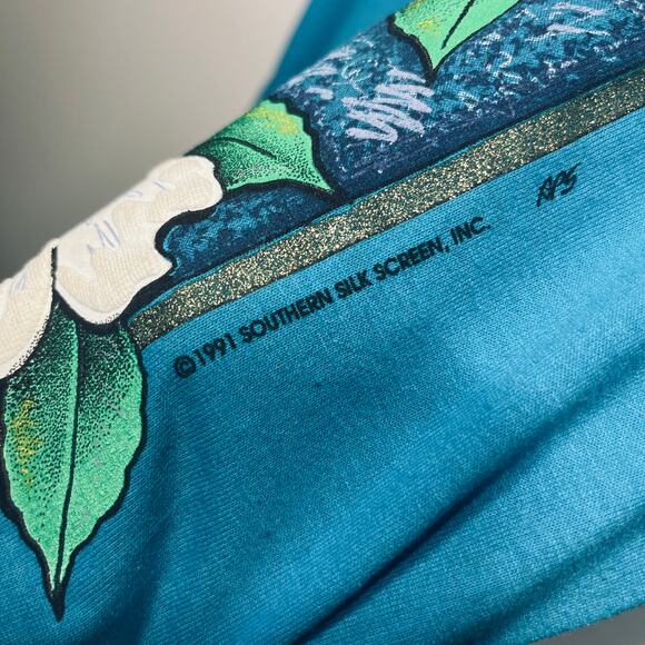 Hanes VTG 90s T Shirt Fifty Fifty Teal Floral  1991 Southern Silk Screen L - Picture 3 of 6